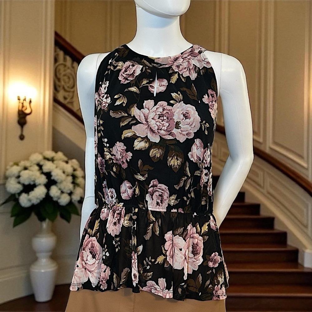 A Love Story Brand Black & Pink Floral Print Halter Neck Top Size Large NWT!